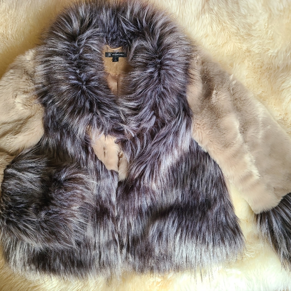 INC International Concepts Cream & Gray Fur Coat